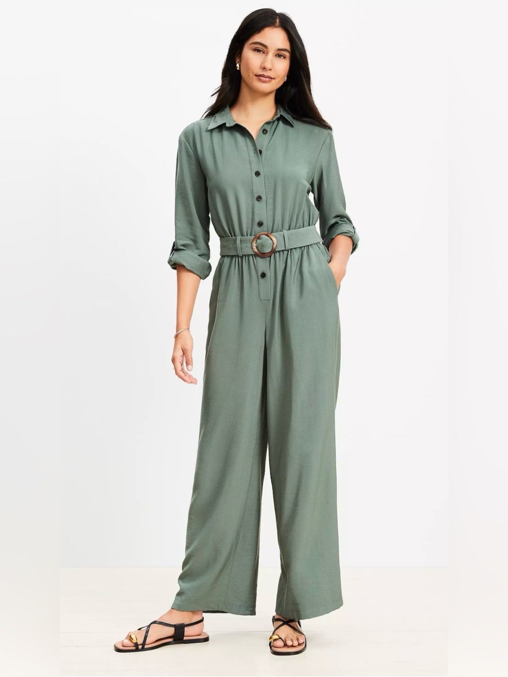 LOFT Sage Green Belted Utility Jumpsuit